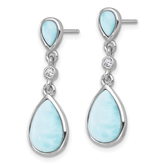 QG7187E Sterling Silver Rhodium-plated Polished Pear Larimar Cabochon and CZ Teardrop Dangle Post Earrings