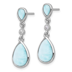 QG7187E Sterling Silver Rhodium-plated Polished Pear Larimar Cabochon and CZ Teardrop Dangle Post Earrings
