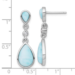 QG7187E Sterling Silver Rhodium-plated Polished Pear Larimar Cabochon and CZ Teardrop Dangle Post Earrings