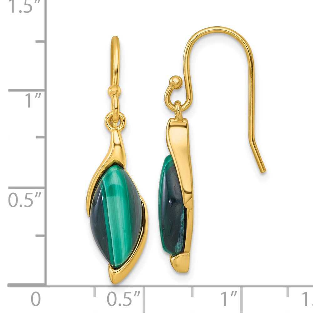 QG7188E Sterling Silver Gold-Tone Polished Fancy Marquise Malachite Cabochon Dangle Shepherd Hook Earrings