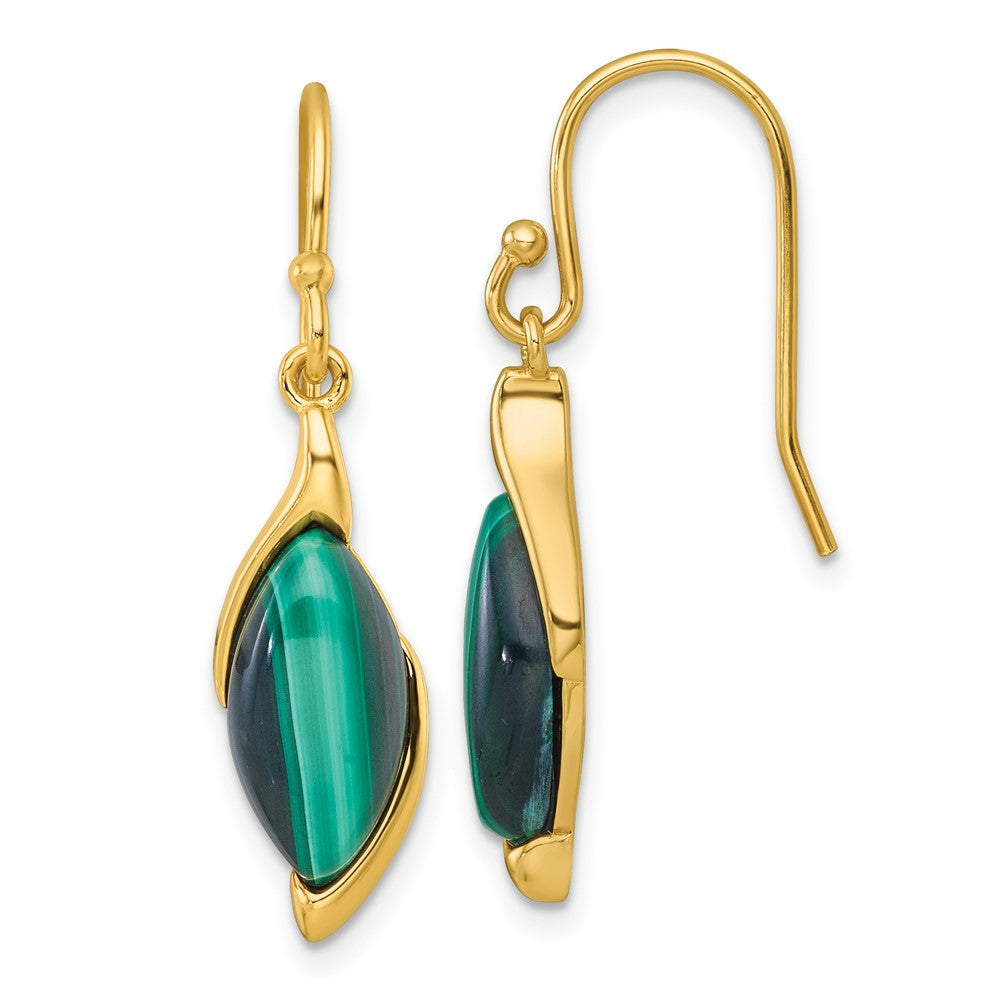 QG7188E Sterling Silver Gold-Tone Polished Fancy Marquise Malachite Cabochon Dangle Shepherd Hook Earrings