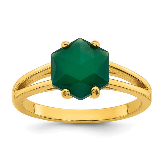 Sterling Silver Gold-tone Polished Hexagon Green Chalcedony Size 6 Ring