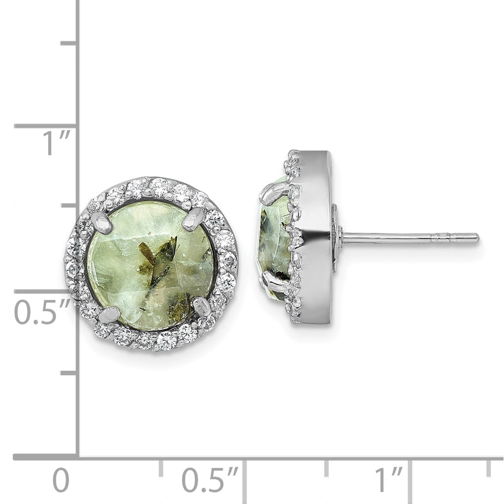 QG7194E Sterling Silver Rhodium-plated Polished CZ Halo and Faceted Prehnite Circle Post Earrings