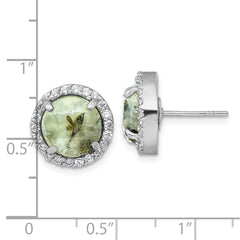 QG7194E Sterling Silver Rhodium-plated Polished CZ Halo and Faceted Prehnite Circle Post Earrings