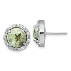 QG7194E Sterling Silver Rhodium-plated Polished CZ Halo and Faceted Prehnite Circle Post Earrings