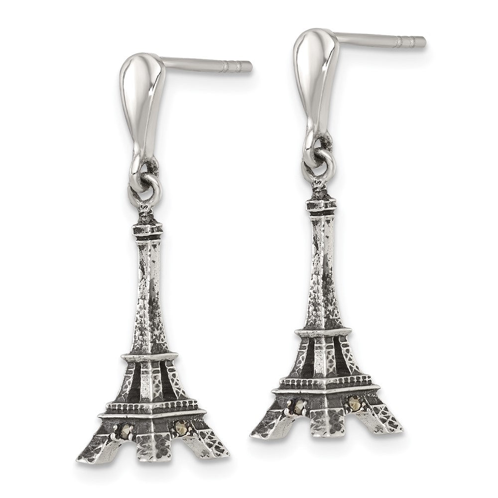 QG7195E Sterling Silver Antiqued Marcasite 3-D Eiffel Tower Dangle Post Earrings