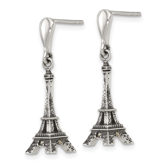 QG7195E Sterling Silver Antiqued Marcasite 3-D Eiffel Tower Dangle Post Earrings