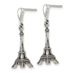 QG7195E Sterling Silver Antiqued Marcasite 3-D Eiffel Tower Dangle Post Earrings