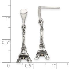 QG7195E Sterling Silver Antiqued Marcasite 3-D Eiffel Tower Dangle Post Earrings