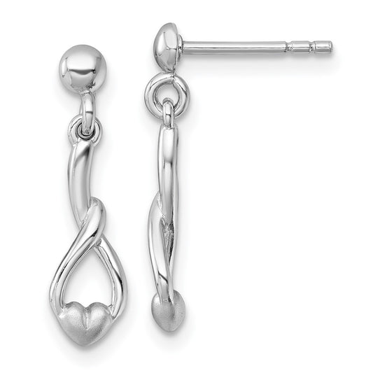 QG7197E Sterling Silver Rhodium-plated Polished and Brushed Fancy Teardrop Heart Dangle Post Earrings