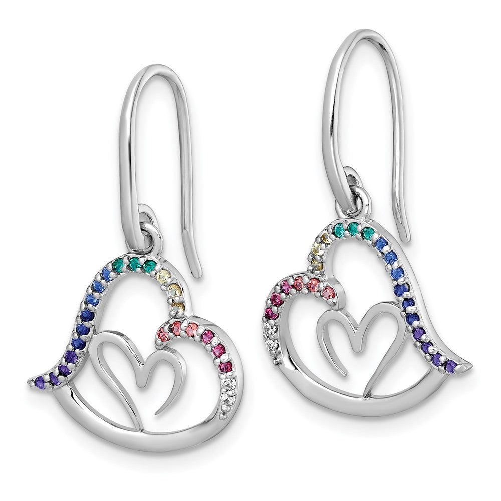 QG7201E Sterling Silver Rhodium-plated Polished Rainbow Nano Crystals Double Heart Dangle Shepherd Hook Earrings