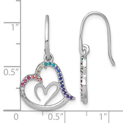 QG7201E Sterling Silver Rhodium-plated Polished Rainbow Nano Crystals Double Heart Dangle Shepherd Hook Earrings