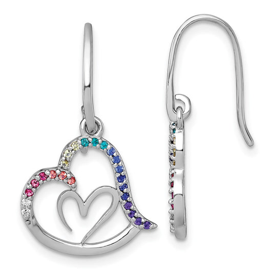QG7201E Sterling Silver Rhodium-plated Polished Rainbow Nano Crystals Double Heart Dangle Shepherd Hook Earrings