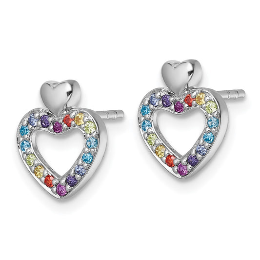 QG7202E Sterling Silver Rhodium-plated Polished Rainbow CZ Double Heart Post Earrings