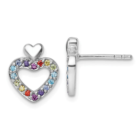 QG7202E Sterling Silver Rhodium-plated Polished Rainbow CZ Double Heart Post Earrings