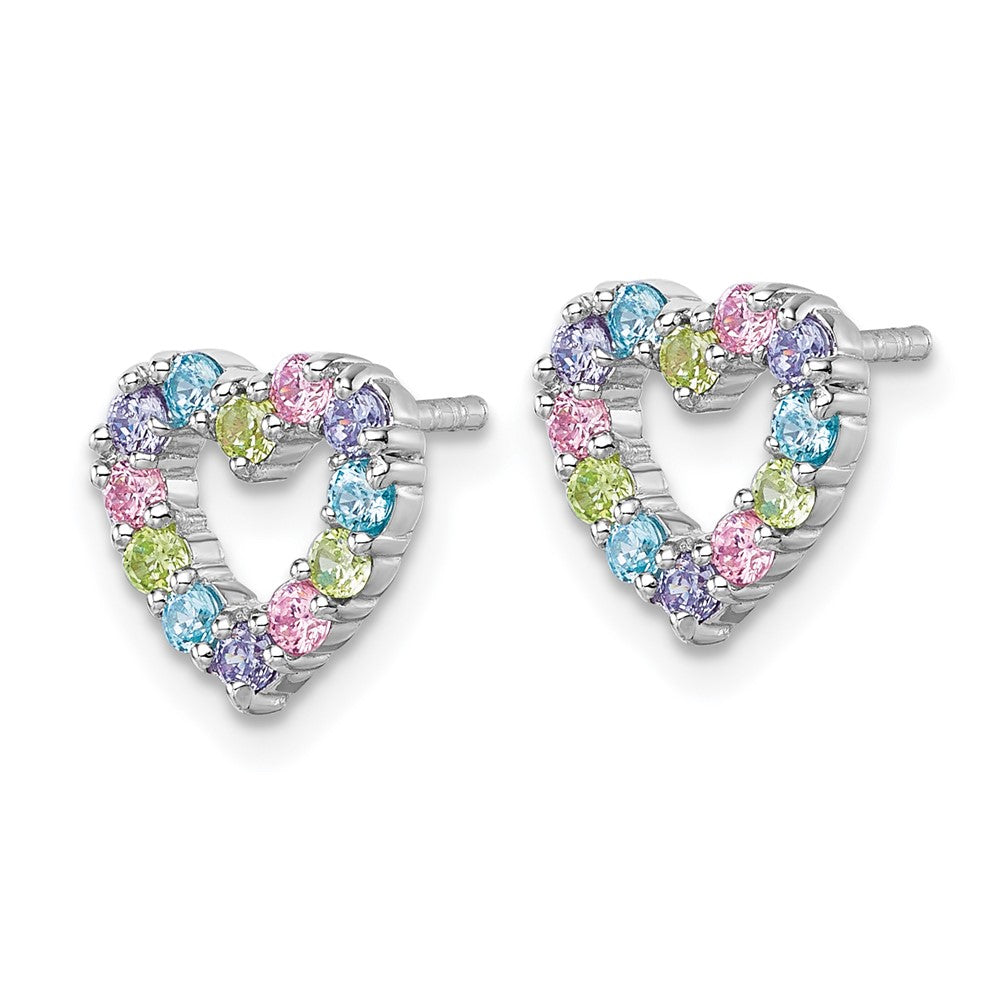 QG7203E Sterling Silver Rhodium-plated Polished Pastel Blue, Pink, Green and Purple CZ Heart Post Earrings