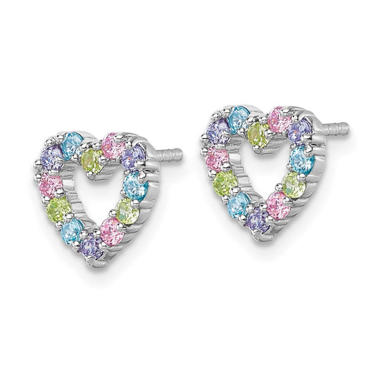 QG7203E Sterling Silver Rhodium-plated Polished Pastel Blue, Pink, Green and Purple CZ Heart Post Earrings