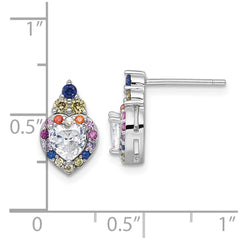 QG7204E Sterling Silver Rhodium-plated Polished Multi-color Rainbow CZ Heart Halo Post Earrings