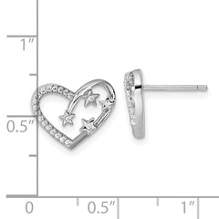 QG7205E Sterling Silver Rhodium-plated CZ Polished Open Heart with Stars Post Earrings