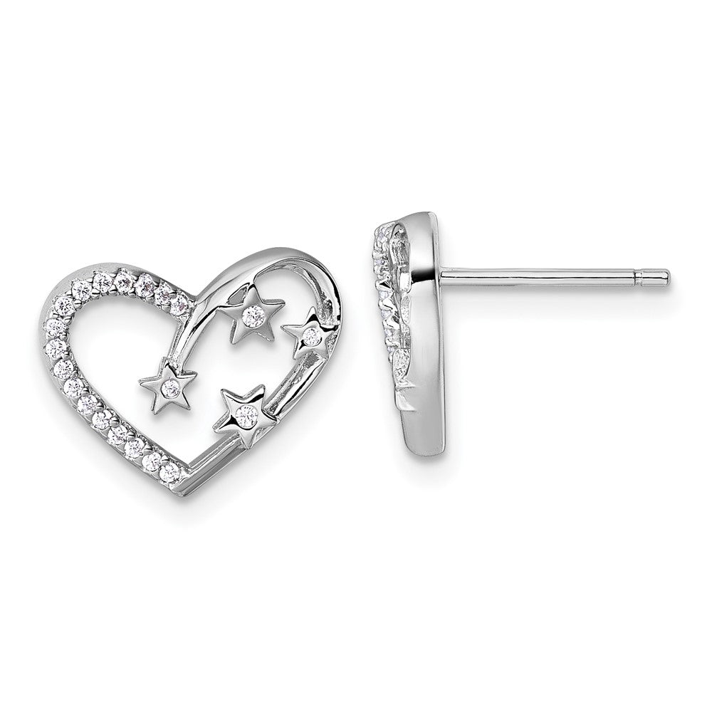 QG7205E Sterling Silver Rhodium-plated CZ Polished Open Heart with Stars Post Earrings