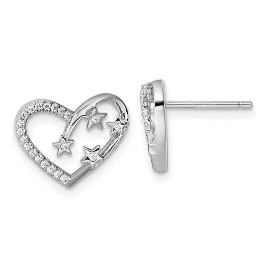 QG7205E Sterling Silver Rhodium-plated CZ Polished Open Heart with Stars Post Earrings