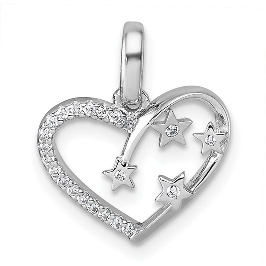 Sterling Silver Rhodium-plated CZ Polished Open Heart with Stars Pendant QG7205P