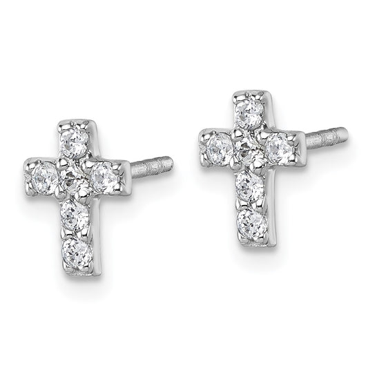 QG7208E Sterling Silver Rhodium-plated Polished White CZ Cross Post Earrings