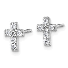 QG7208E Sterling Silver Rhodium-plated Polished White CZ Cross Post Earrings