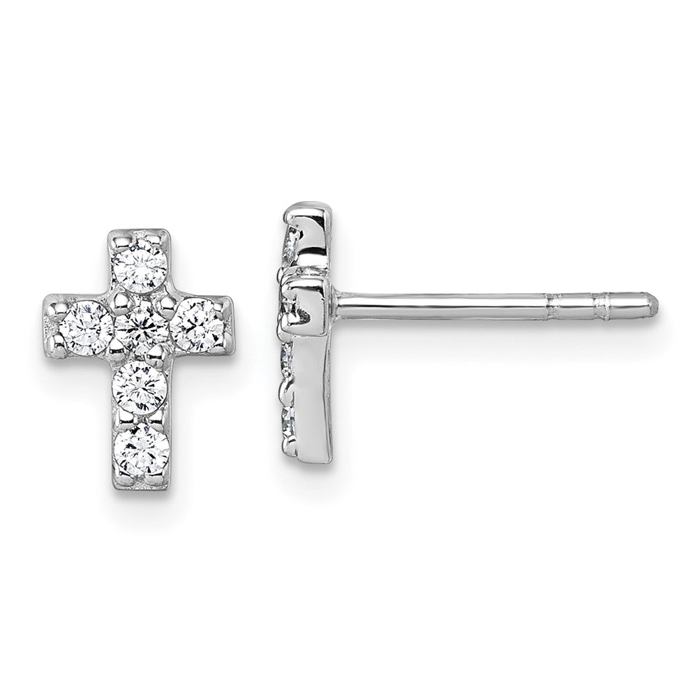 QG7208E Sterling Silver Rhodium-plated Polished White CZ Cross Post Earrings