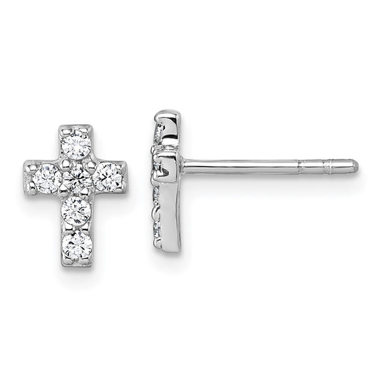QG7208E Sterling Silver Rhodium-plated Polished White CZ Cross Post Earrings