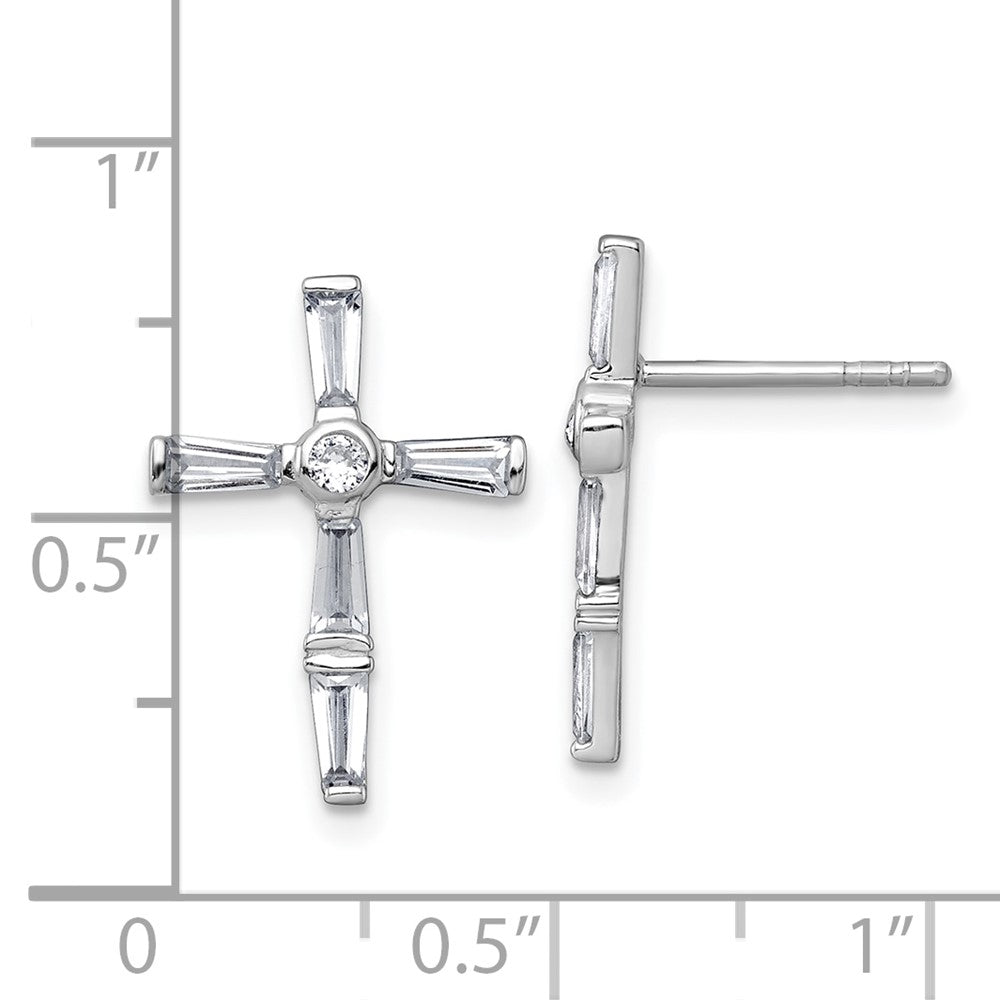 QG7209E Sterling Silver Rhodium-plated Polished White Baguette CZ Cross Post Earrings