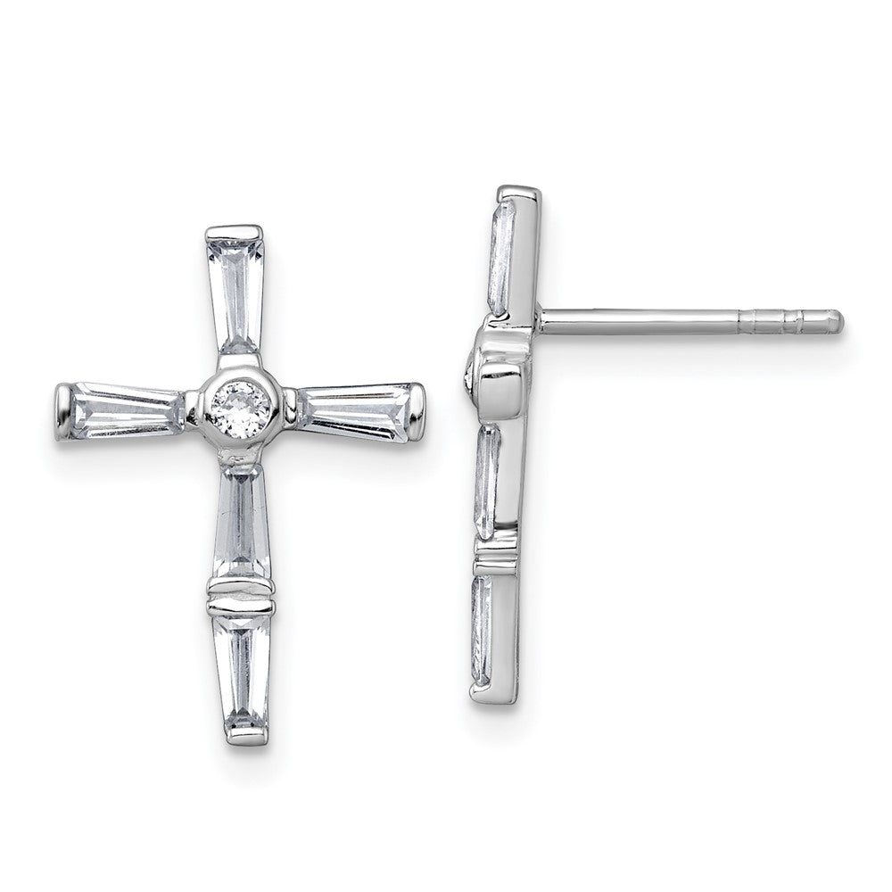 QG7209E Sterling Silver Rhodium-plated Polished White Baguette CZ Cross Post Earrings