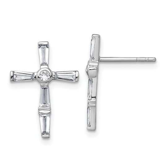 QG7209E Sterling Silver Rhodium-plated Polished White Baguette CZ Cross Post Earrings