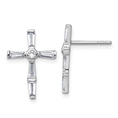 QG7209E Sterling Silver Rhodium-plated Polished White Baguette CZ Cross Post Earrings