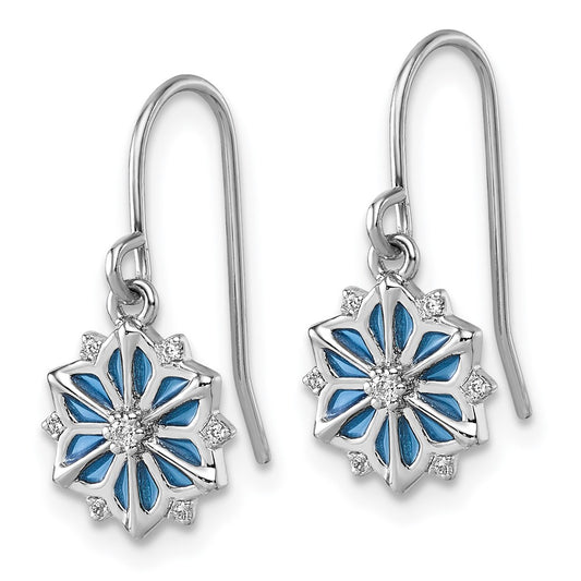 QG7211E Sterling Silver Rhodium-plated Blue Enamel and White CZ Snowflake Dangle Earrings