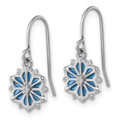 QG7211E Sterling Silver Rhodium-plated Blue Enamel and White CZ Snowflake Dangle Earrings