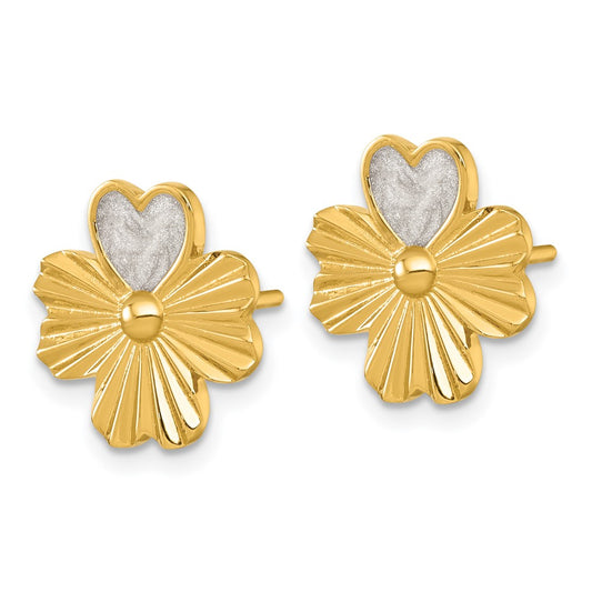 QG7215E Sterling Silver Gold-tone Polished with White Enamel Lucky 4-Leaf Clover Post Earrings