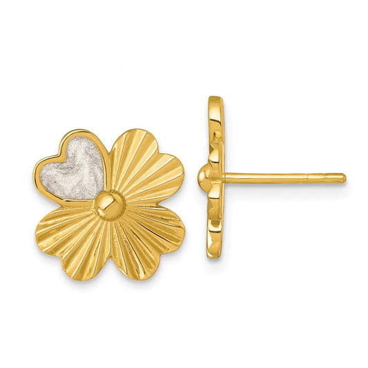 QG7215E Sterling Silver Gold-tone Polished with White Enamel Lucky 4-Leaf Clover Post Earrings