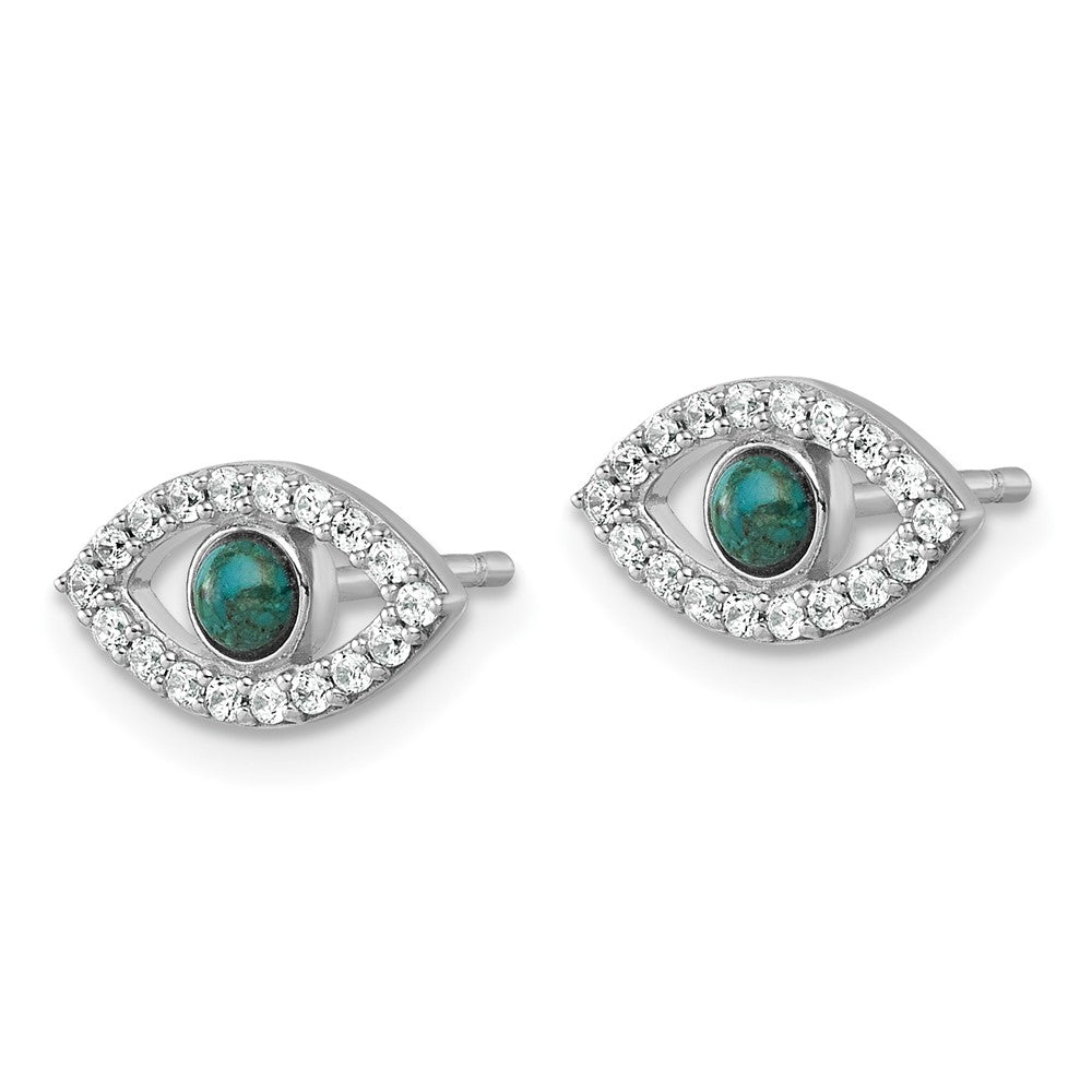 QG7216E Sterling Silver Rhodium-plated Polished CZ and Compressed Turquoise Cabochon Evil Eye Post Earrings