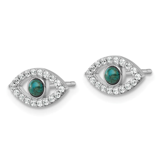 QG7216E Sterling Silver Rhodium-plated Polished CZ and Compressed Turquoise Cabochon Evil Eye Post Earrings