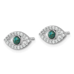 QG7216E Sterling Silver Rhodium-plated Polished CZ and Compressed Turquoise Cabochon Evil Eye Post Earrings