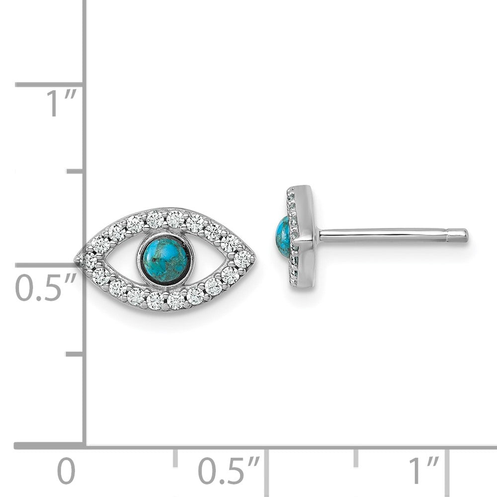 QG7216E Sterling Silver Rhodium-plated Polished CZ and Compressed Turquoise Cabochon Evil Eye Post Earrings