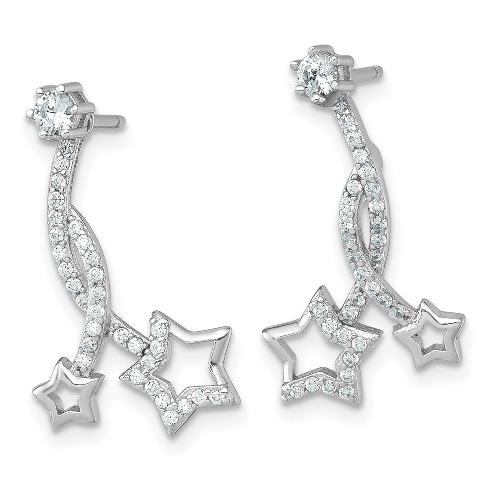 QG7218E Sterling Silver Rhodium-plated Polished CZ Stud with Removeable Shooting Stars Jacket Earrings