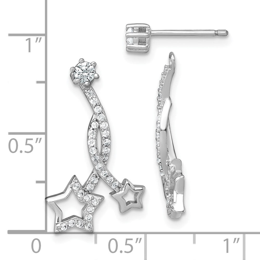 QG7218E Sterling Silver Rhodium-plated Polished CZ Stud with Removeable Shooting Stars Jacket Earrings