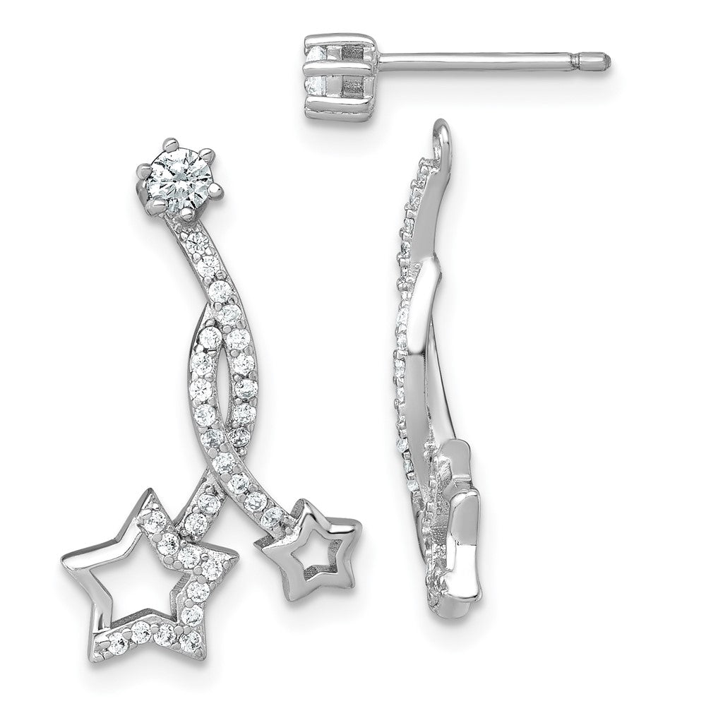 QG7218E Sterling Silver Rhodium-plated Polished CZ Stud with Removeable Shooting Stars Jacket Earrings