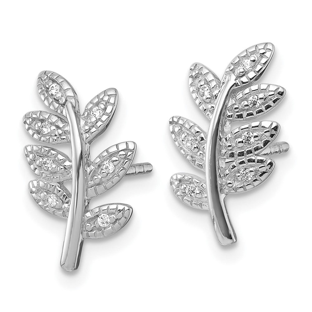 QG7219E Sterling Silver Rhodium-plated Polished CZ Leaf Post Earrings