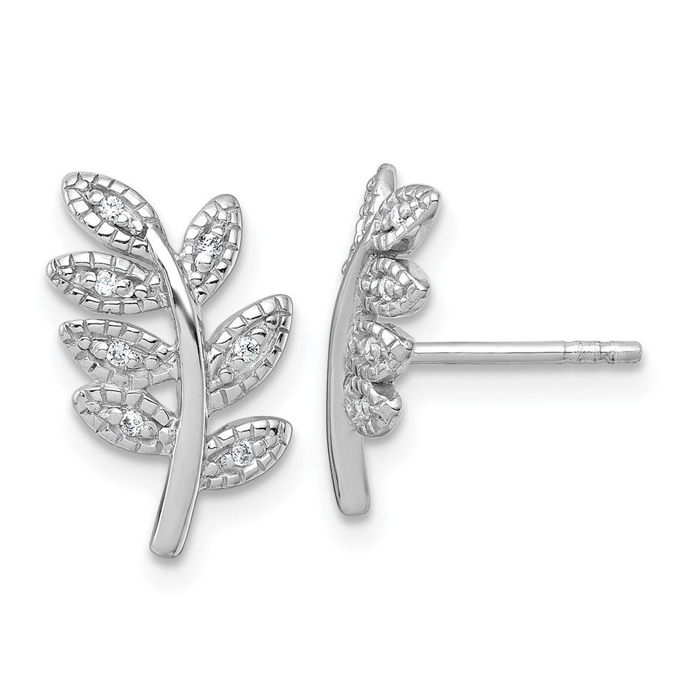 QG7219E Sterling Silver Rhodium-plated Polished CZ Leaf Post Earrings
