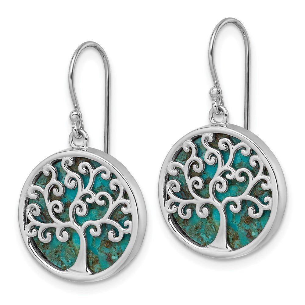 QG7220E Sterling Silver Rhodium-plated Polished Compressed Turquoise Tree Of Life Shepherd Hook Earrings