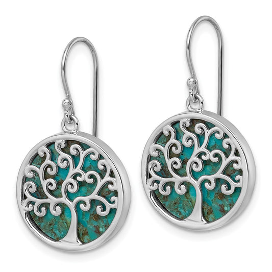 QG7220E Sterling Silver Rhodium-plated Polished Compressed Turquoise Tree Of Life Shepherd Hook Earrings