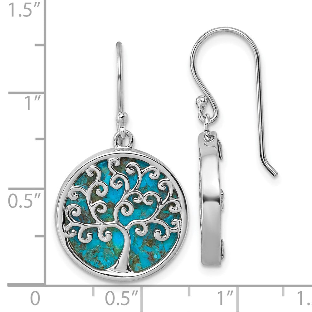 QG7220E Sterling Silver Rhodium-plated Polished Compressed Turquoise Tree Of Life Shepherd Hook Earrings